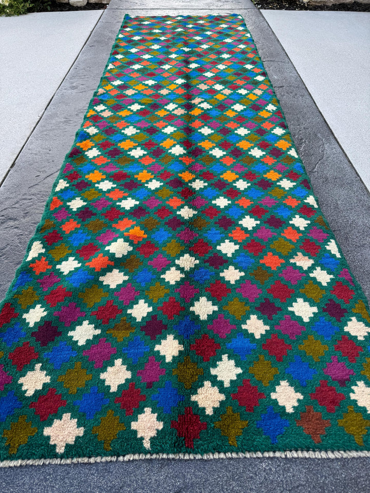 3x10 (90x305) Handmade Vintage Afghan Baluch Runner Rug | Pine Forest Green Purple Cream White Brick Red Burnt Orange Moss Blue Maroon