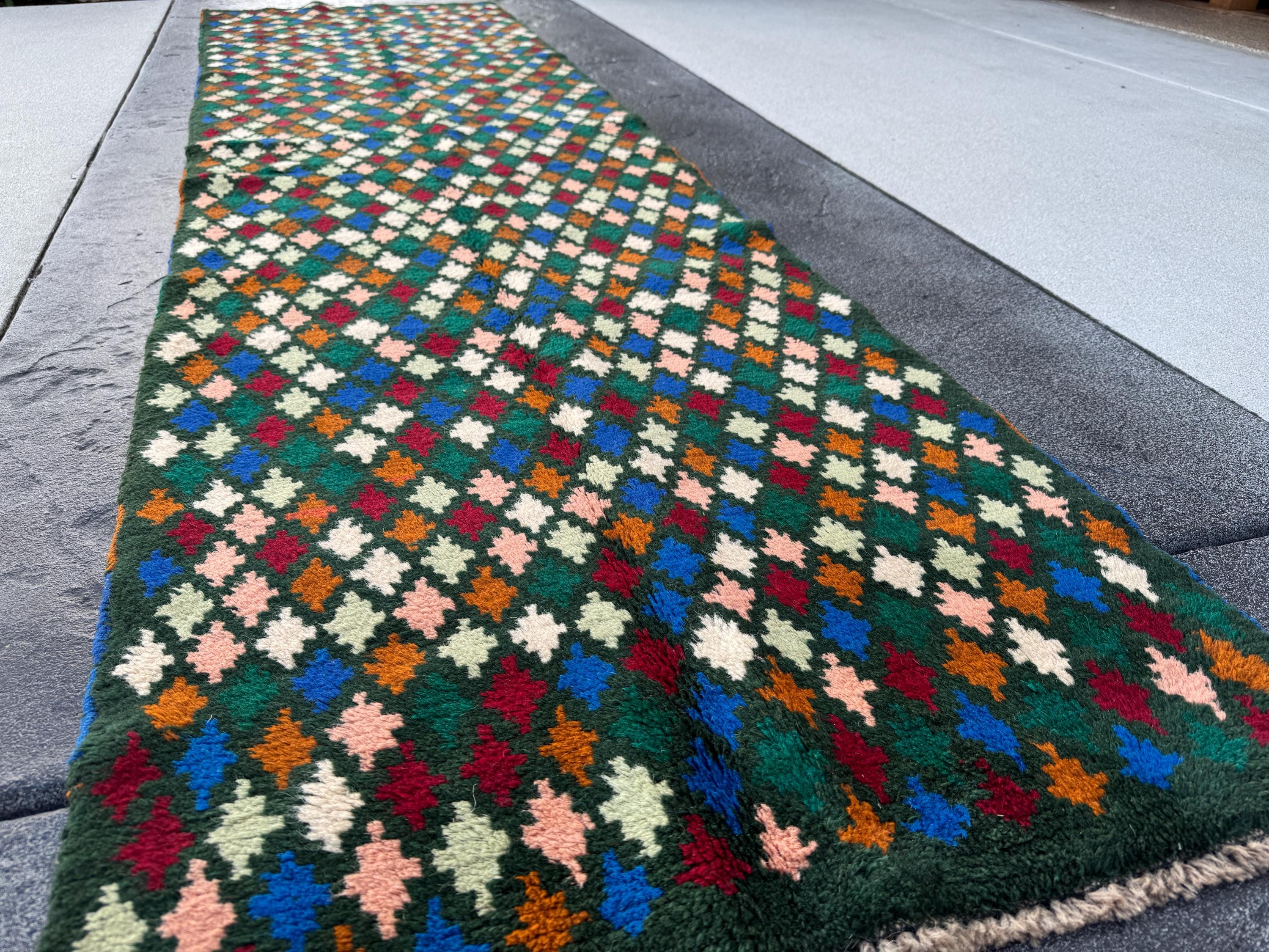 3x10 (90x305) Handmade Vintage Afghan Baluch Runner Rug | Pine Forest Green Purple Cream White Brick Red Burnt Orange Blue oe Pink | Wool