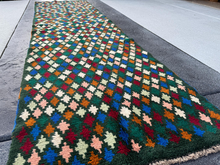 3x10 (90x305) Handmade Vintage Afghan Baluch Runner Rug | Pine Forest Green Purple Cream White Brick Red Burnt Orange Blue oe Pink | Wool