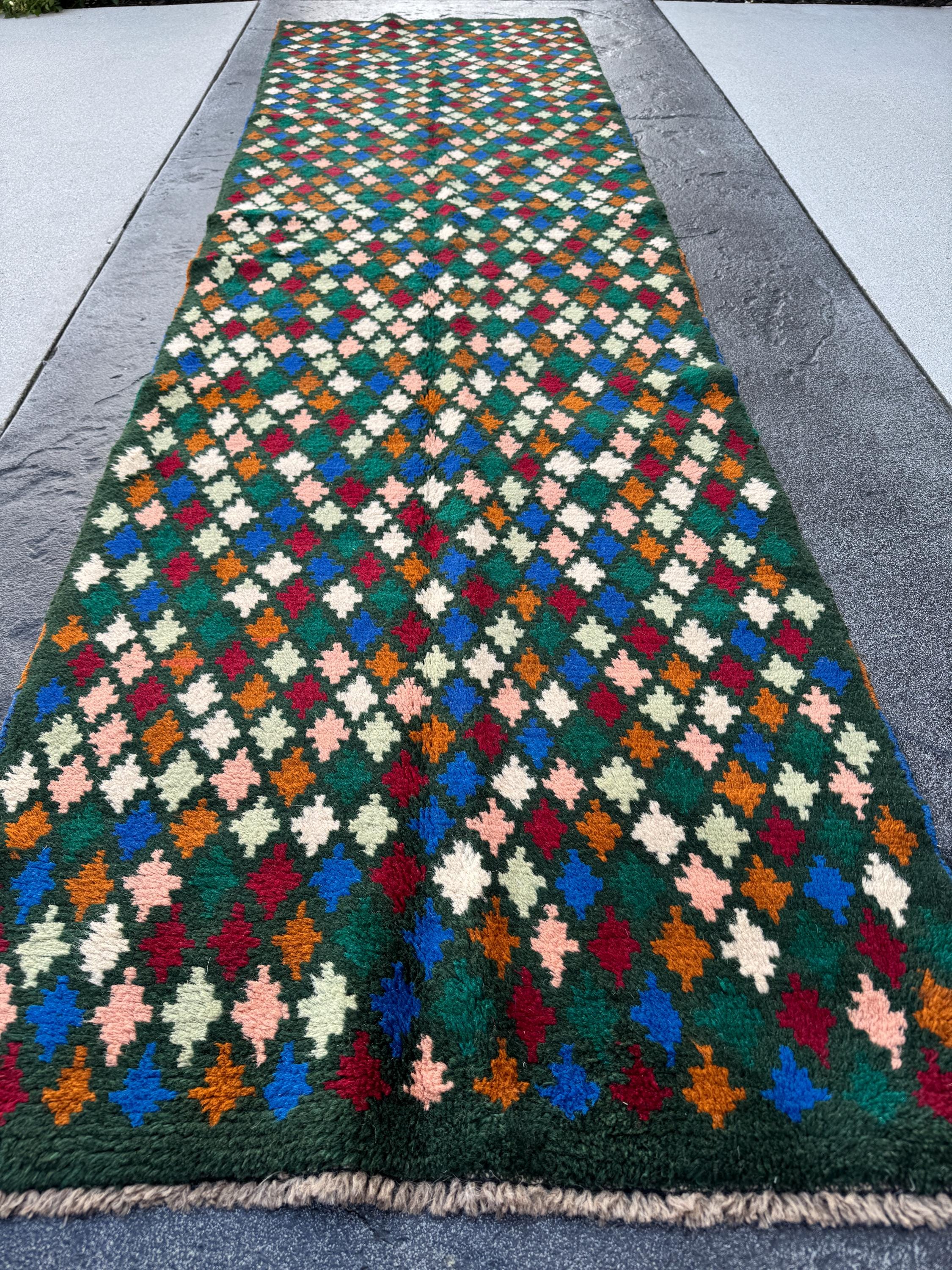 3x10 (90x305) Handmade Vintage Afghan Baluch Runner Rug | Pine Forest Green Purple Cream White Brick Red Burnt Orange Blue oe Pink | Wool