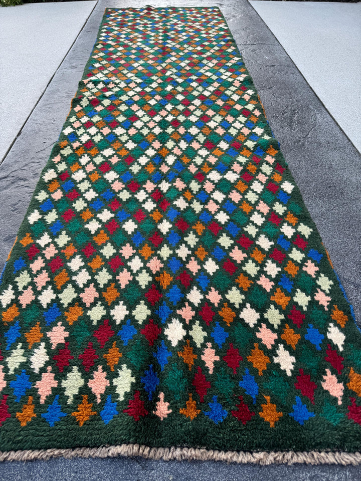 3x10 (90x305) Handmade Vintage Afghan Baluch Runner Rug | Pine Forest Green Purple Cream White Brick Red Burnt Orange Blue oe Pink | Wool