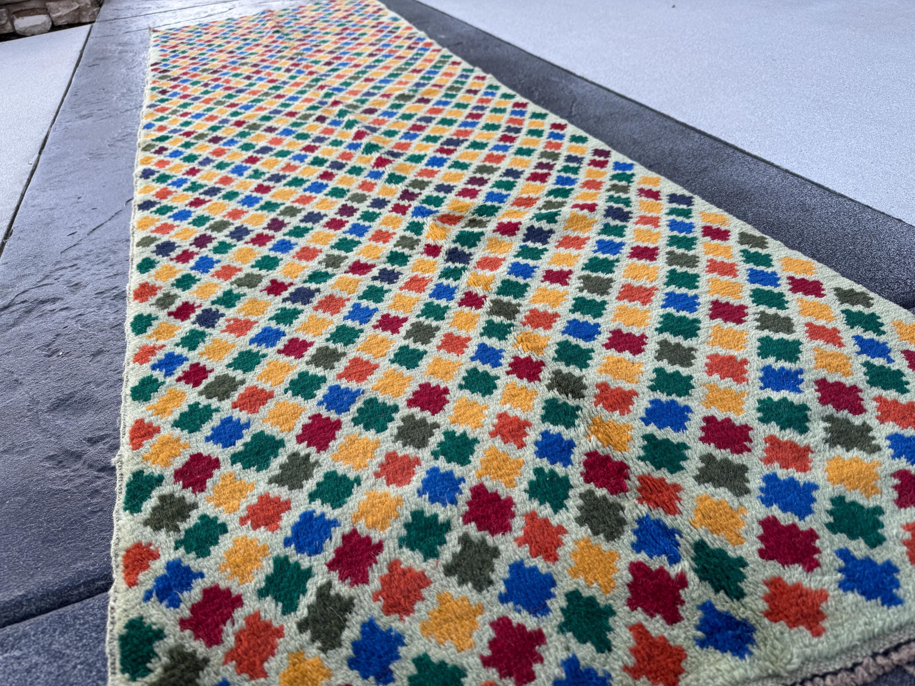 3x9 (90x275) Handmade Vintage Afghan Baluch Runner Rug | Mint Forest Pine Green Burnt Orange Brick Red Mustard Blue | Wool Flatwoven