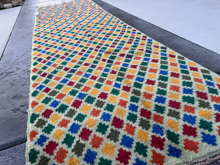 3x9 (90x275) Handmade Vintage Afghan Baluch Runner Rug | Mint Forest Pine Green Burnt Orange Brick Red Mustard Blue | Wool Flatwoven