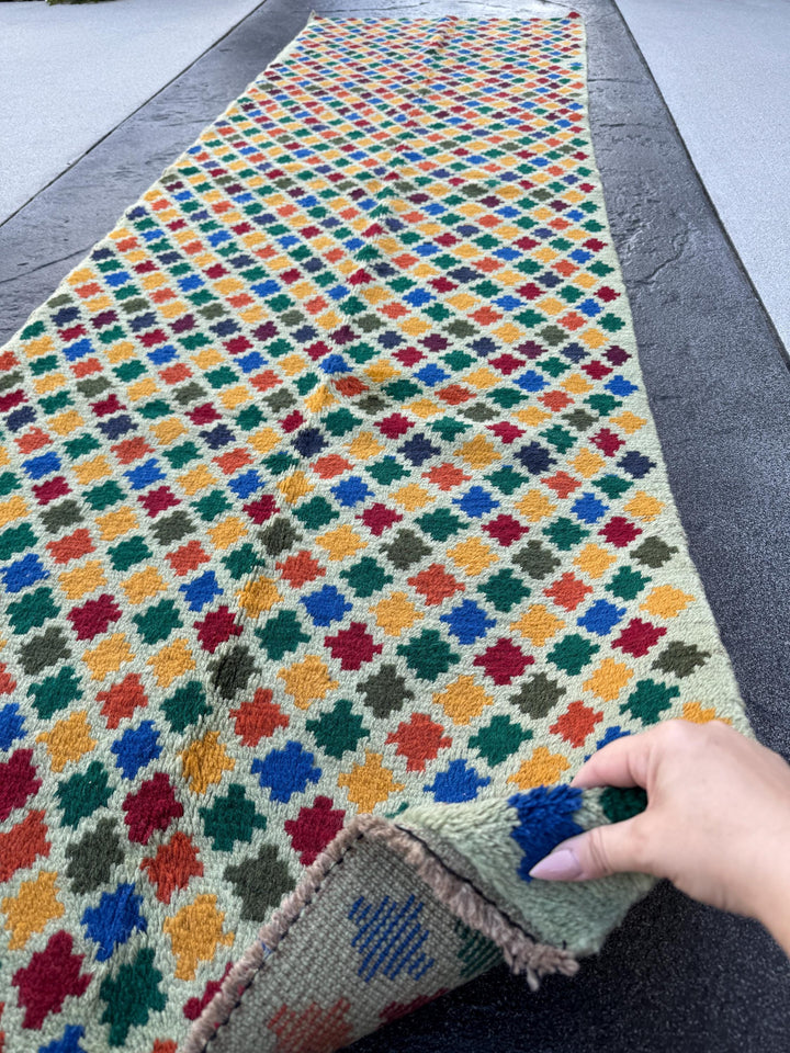 3x9 (90x275) Handmade Vintage Afghan Baluch Runner Rug | Mint Forest Pine Green Burnt Orange Brick Red Mustard Blue | Wool Flatwoven