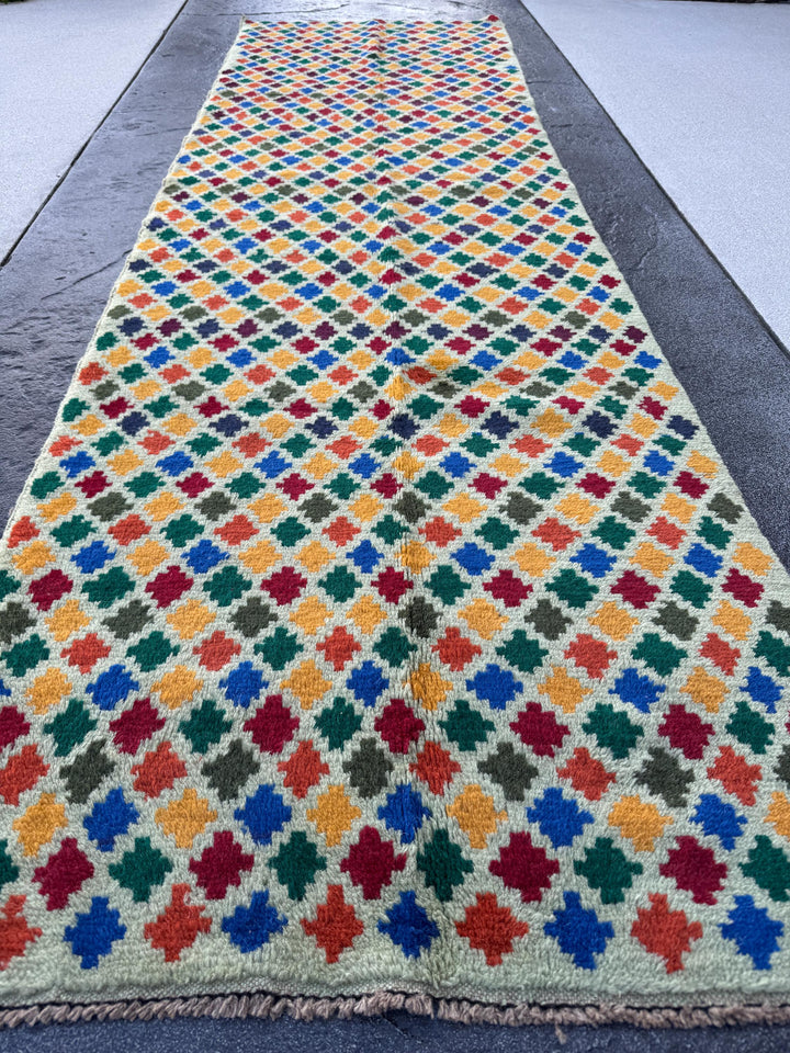 3x9 (90x275) Handmade Vintage Afghan Baluch Runner Rug | Mint Forest Pine Green Burnt Orange Brick Red Mustard Blue | Wool Flatwoven