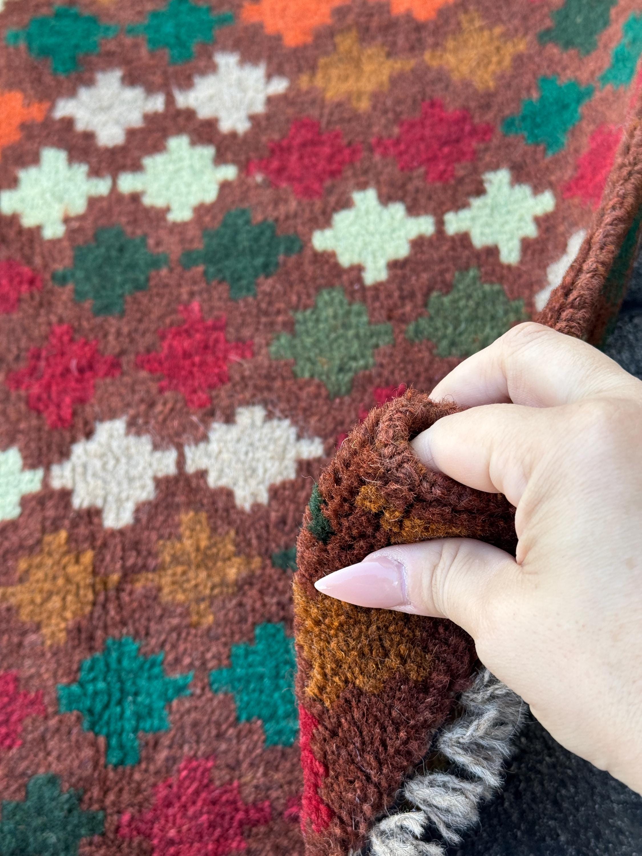 3x9 (90x275) Handmade Vintage Afghan Baluch Runner Rug | Chocolate Brown Forest Pine Moss Green Mint Cream White Burnt Orange Brick Red