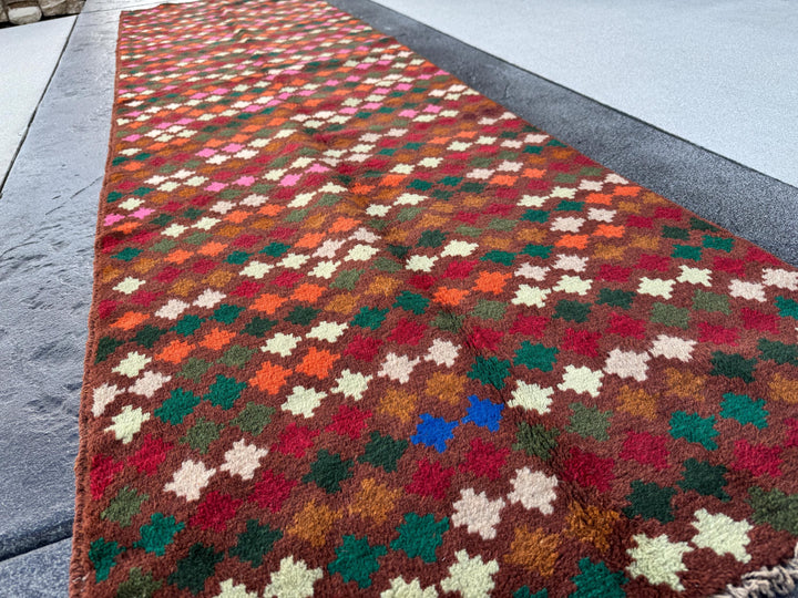 3x9 (90x275) Handmade Vintage Afghan Baluch Runner Rug | Chocolate Brown Forest Pine Moss Green Mint Cream White Burnt Orange Brick Red