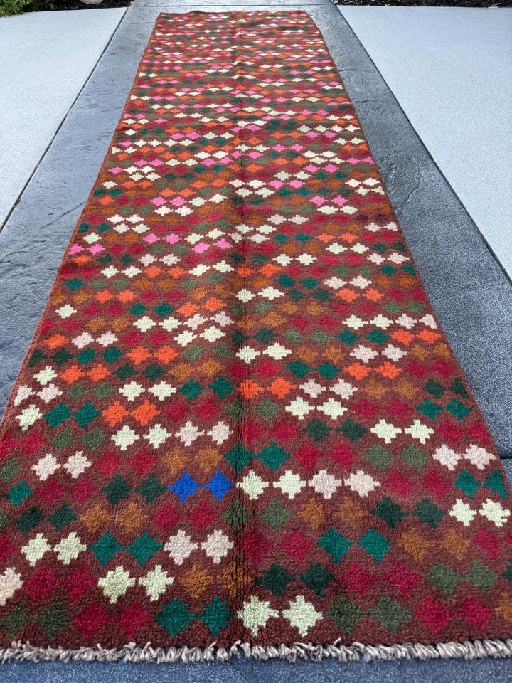 3x9 (90x275) Handmade Vintage Afghan Baluch Runner Rug | Chocolate Brown Forest Pine Moss Green Mint Cream White Burnt Orange Brick Red