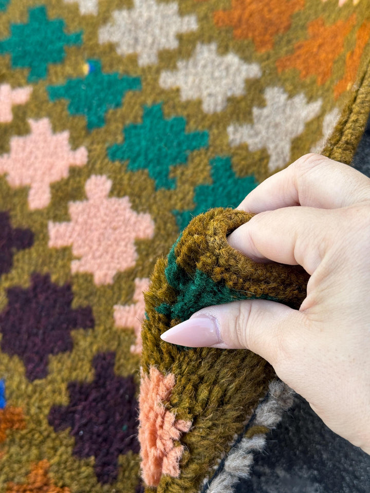 3x10 (90x305) Handmade Vintage Afghan Baluch Runner Rug | Moss Forest Green Coffee Brown Rose Pink Grey Burnt Orange Mustard Blue | Wool
