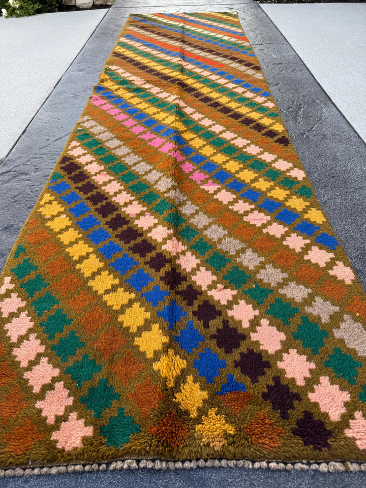 3x10 (90x305) Handmade Vintage Afghan Baluch Runner Rug | Moss Forest Green Coffee Brown Rose Pink Grey Burnt Orange Mustard Blue | Wool