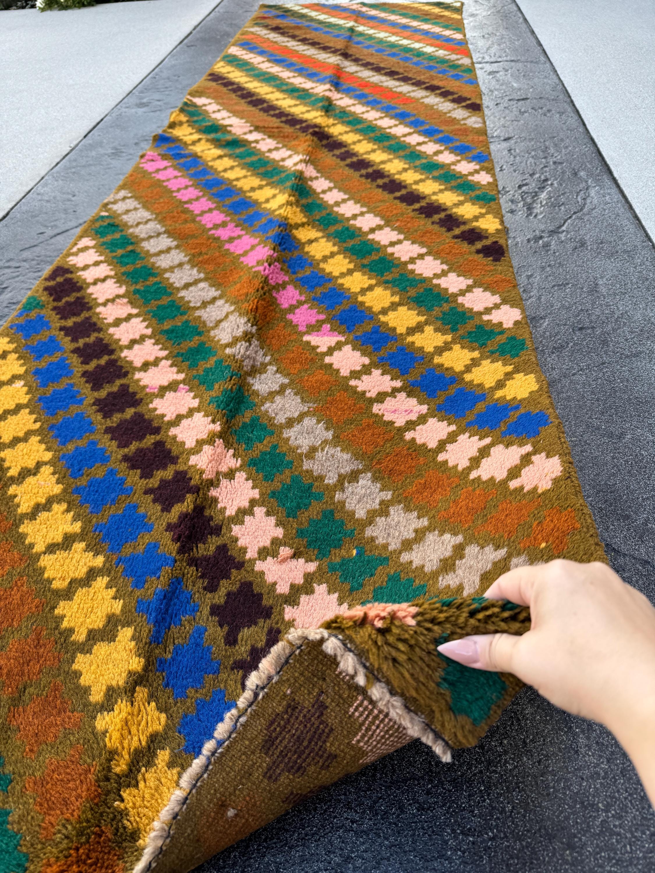 3x10 (90x305) Handmade Vintage Afghan Baluch Runner Rug | Moss Forest Green Coffee Brown Rose Pink Grey Burnt Orange Mustard Blue | Wool
