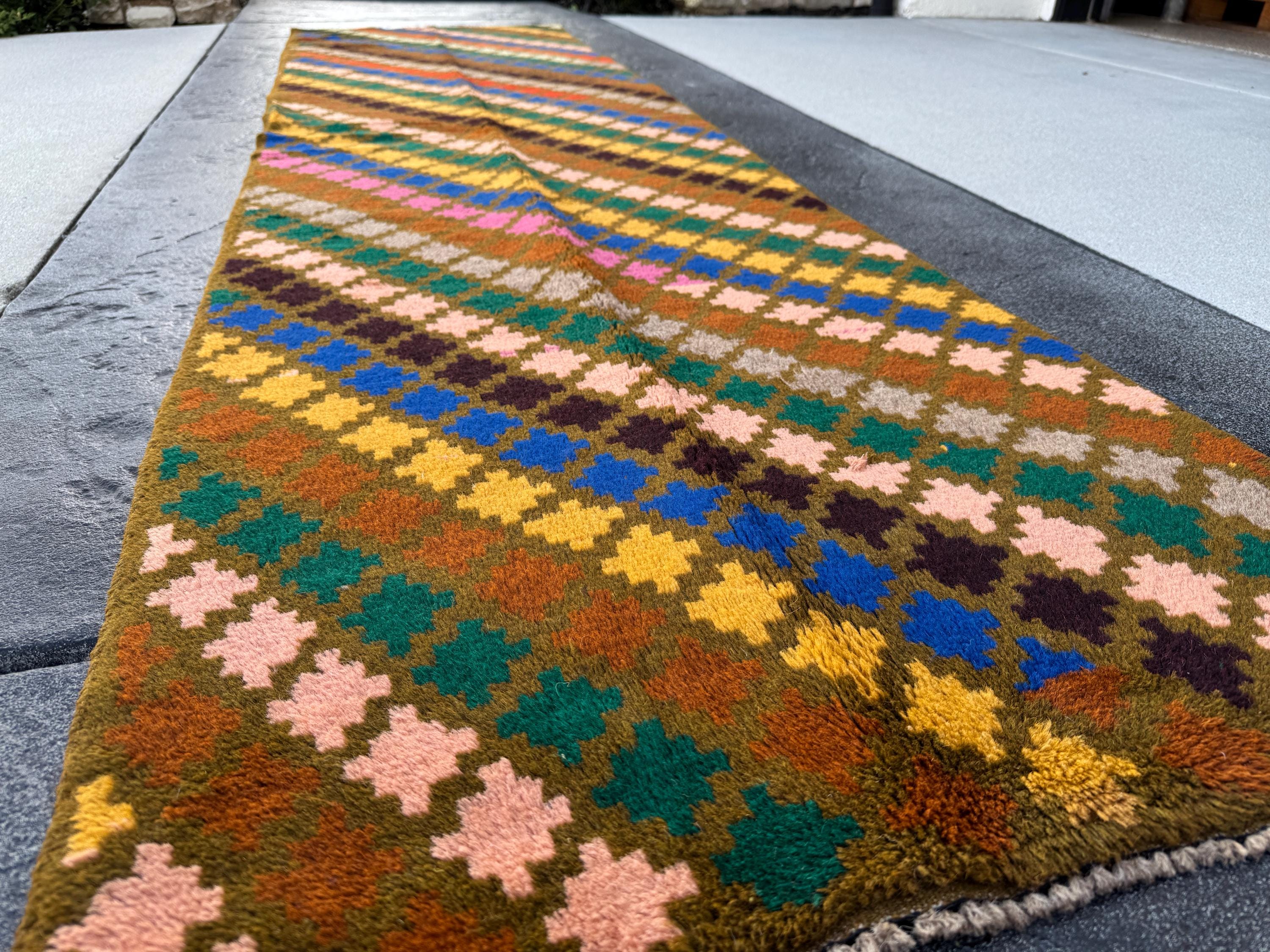 3x10 (90x305) Handmade Vintage Afghan Baluch Runner Rug | Moss Forest Green Coffee Brown Rose Pink Grey Burnt Orange Mustard Blue | Wool