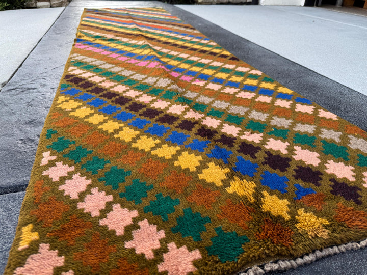 3x10 (90x305) Handmade Vintage Afghan Baluch Runner Rug | Moss Forest Green Coffee Brown Rose Pink Grey Burnt Orange Mustard Blue | Wool