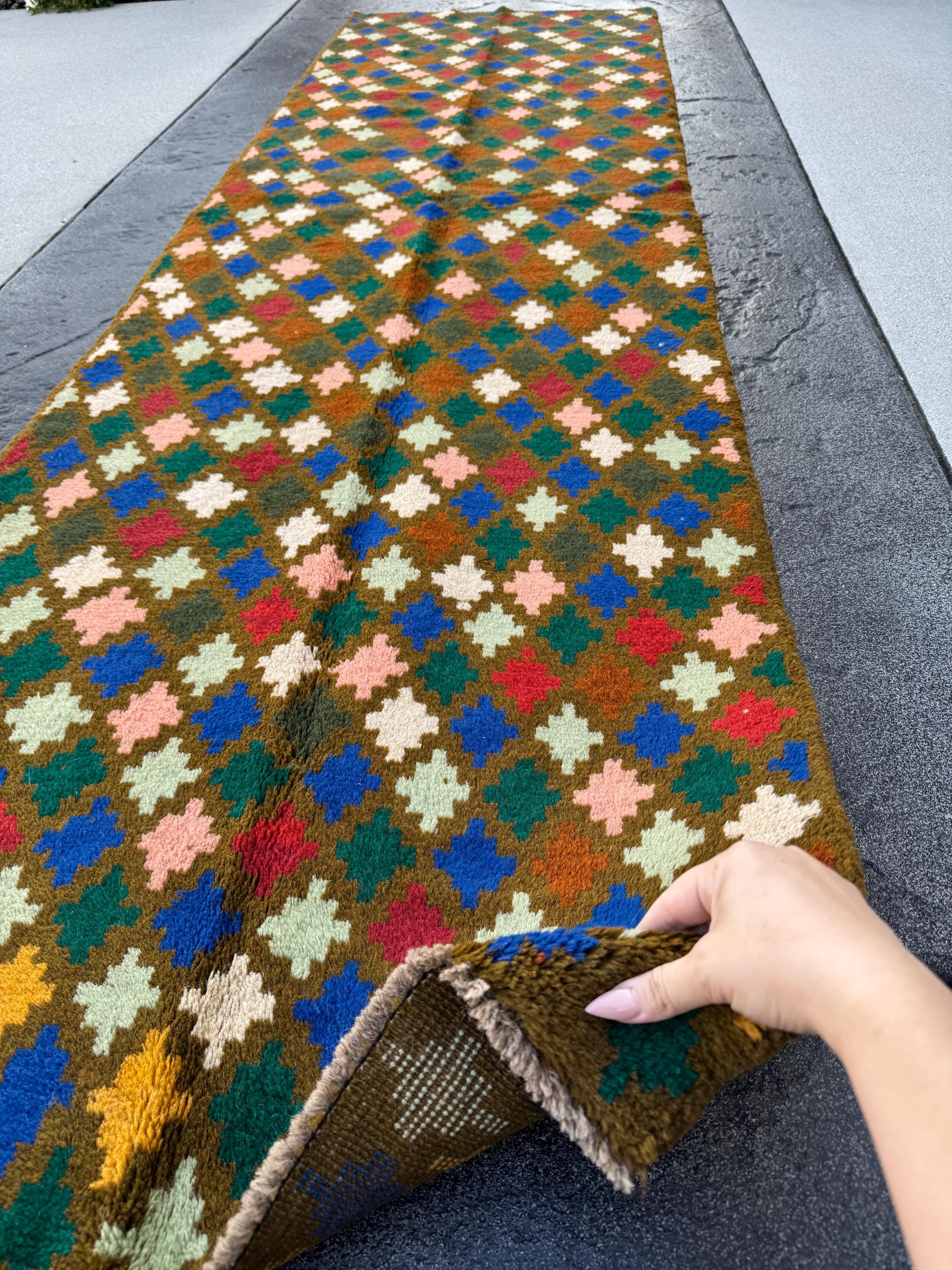 3x10 (90x305) Handmade Vintage Afghan Baluch Runner Rug | Moss Forest Pine Mint Green Rose Pink Burnt Orange Mustard Blue Cream White