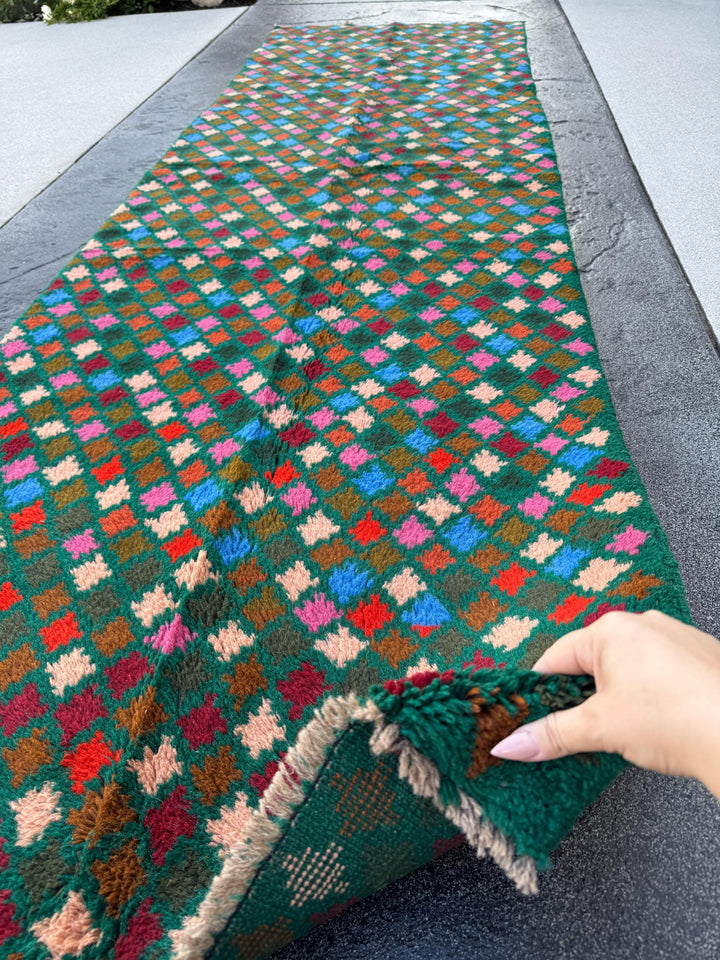 3x9 (90x275) Handmade Vintage Afghan Baluch Runner Rug | Forest Pine Moss Green Burnt Orange Brick Red Rose Salmon Pink Royal Sky Blue
