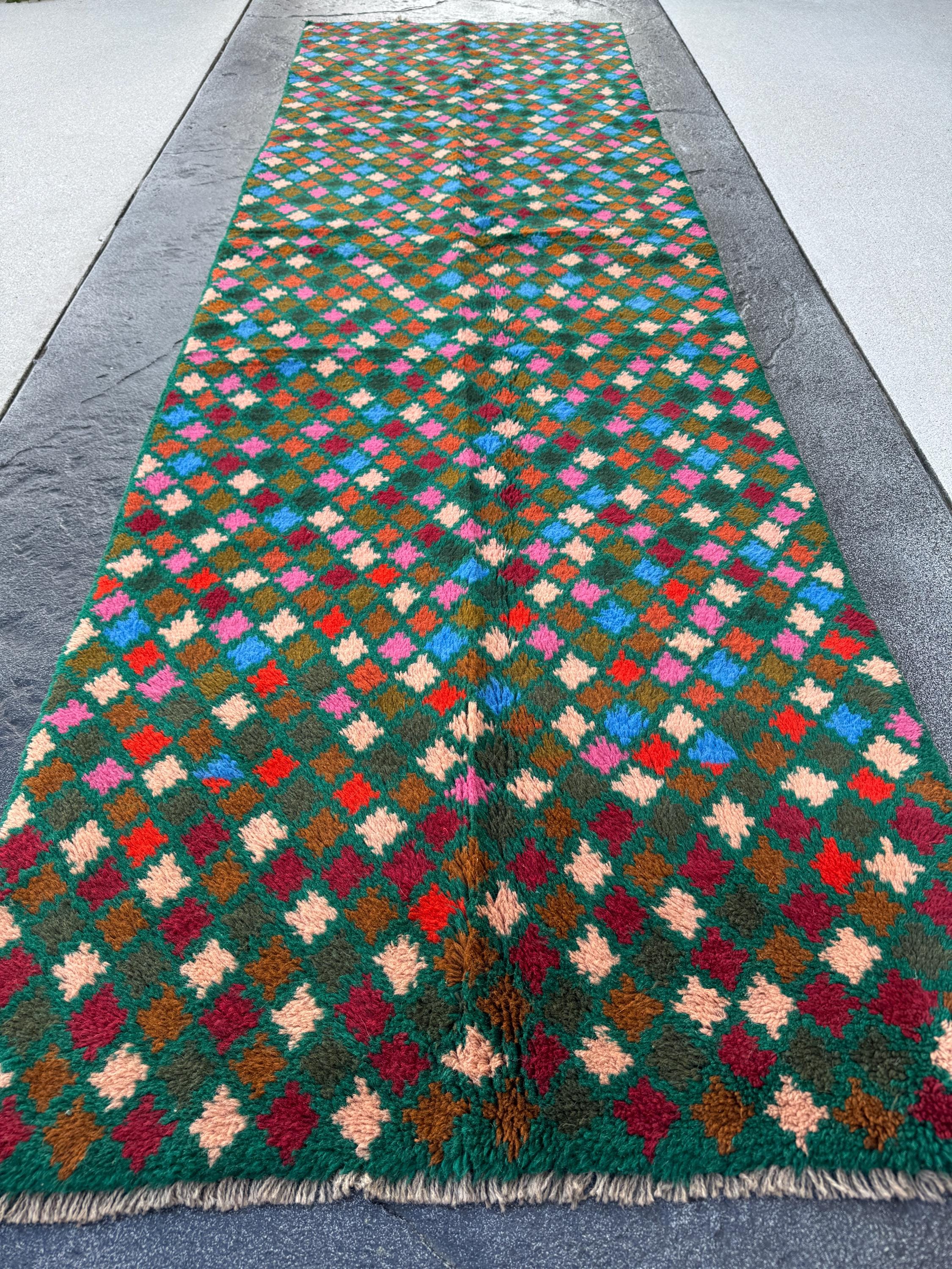 3x9 (90x275) Handmade Vintage Afghan Baluch Runner Rug | Forest Pine Moss Green Burnt Orange Brick Red Rose Salmon Pink Royal Sky Blue