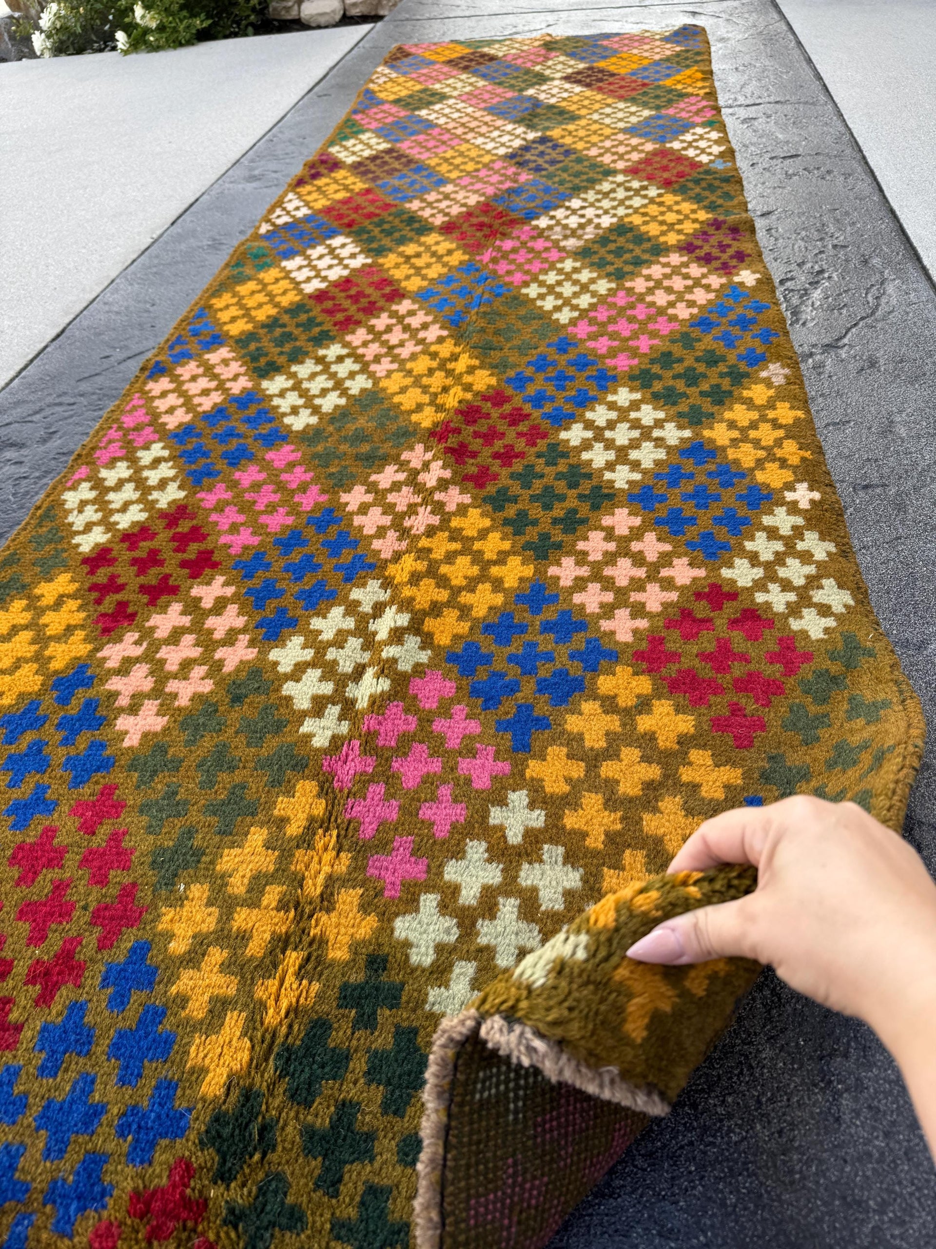 3x10 (90x305) Handmade Vintage Afghan Baluch Runner Rug | Moss Forest Pine Mint Green Rose Salmon Pink Peach Mustard Blue | Wool Flatwoven
