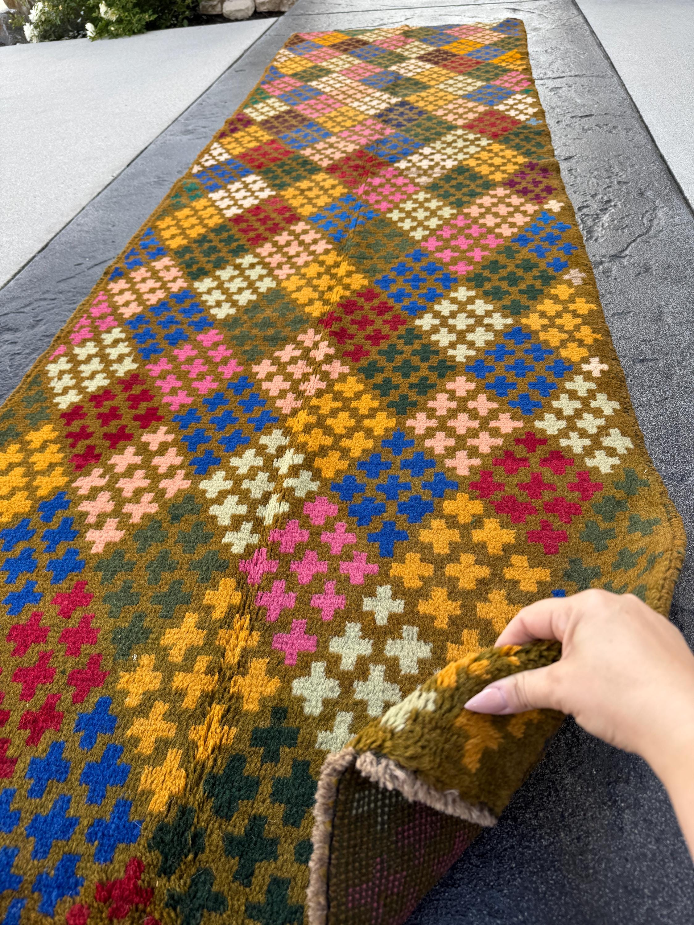 3x10 (90x305) Handmade Vintage Afghan Baluch Runner Rug | Moss Forest Pine Mint Green Rose Salmon Pink Peach Mustard Blue | Wool Flatwoven
