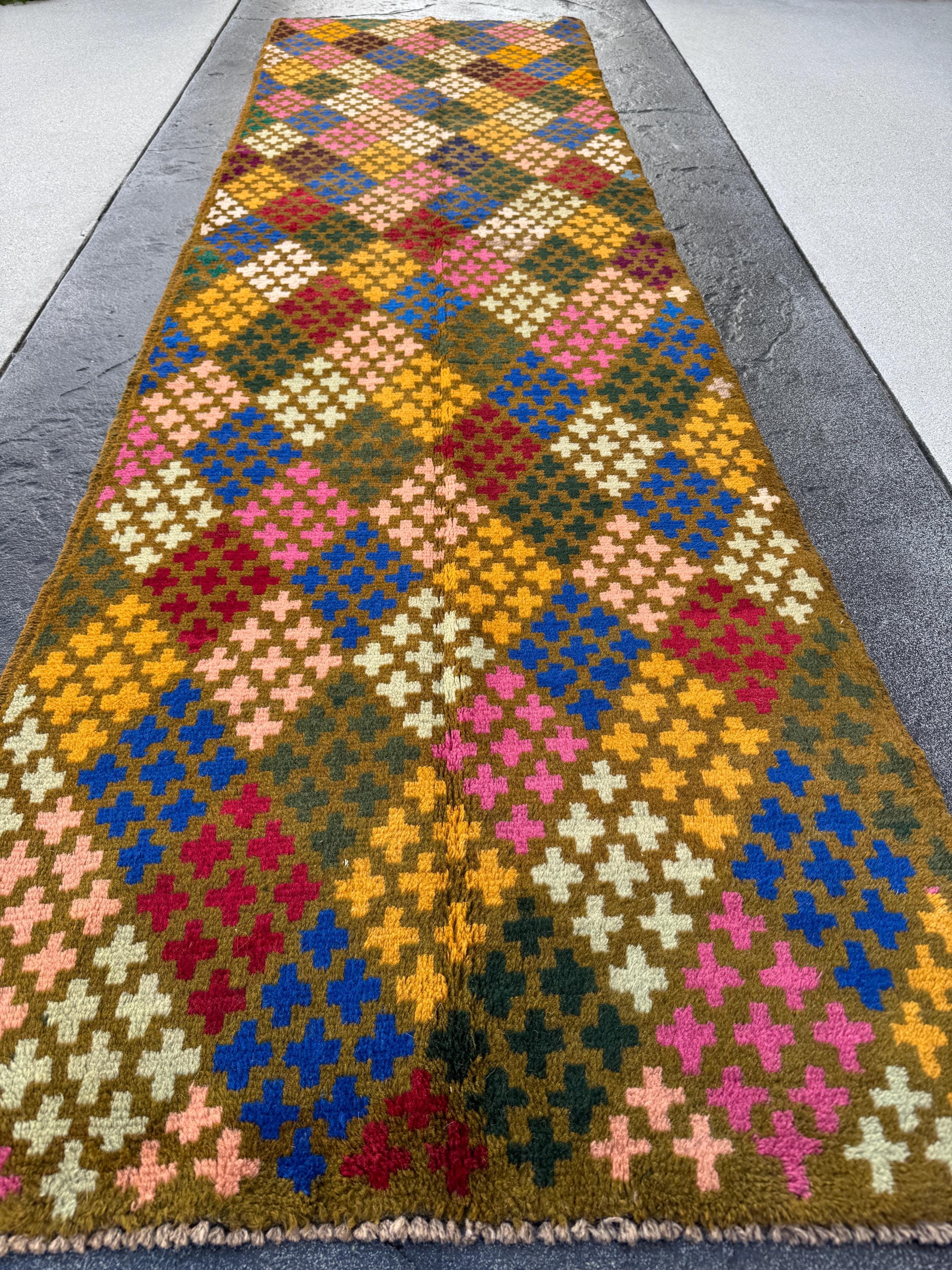 3x10 (90x305) Handmade Vintage Afghan Baluch Runner Rug | Moss Forest Pine Mint Green Rose Salmon Pink Peach Mustard Blue | Wool Flatwoven