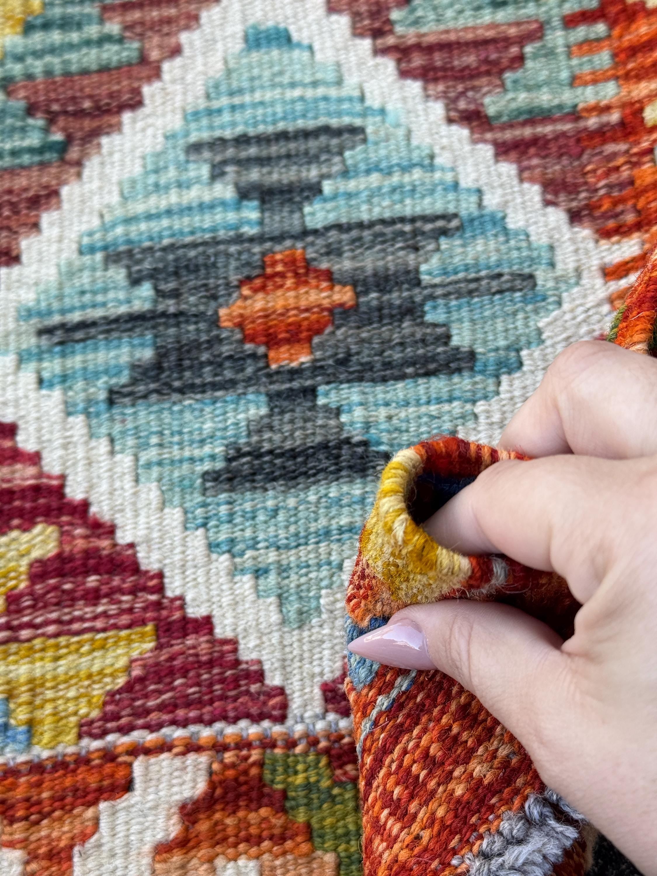 3x4 Handmade Afghan Kilim Rug | Rust Red Cream White Olive Green Teal Aqua Blue Mustard Yellow Burgundy Navy Grey Charcoal | Wool Flatwoven