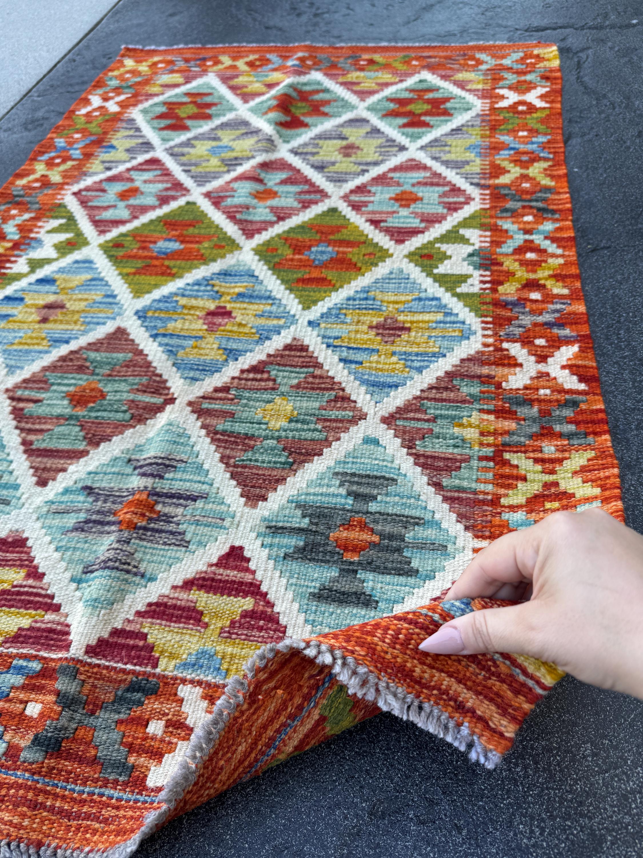 3x4 Handmade Afghan Kilim Rug | Rust Red Cream White Olive Green Teal Aqua Blue Mustard Yellow Burgundy Navy Grey Charcoal | Wool Flatwoven
