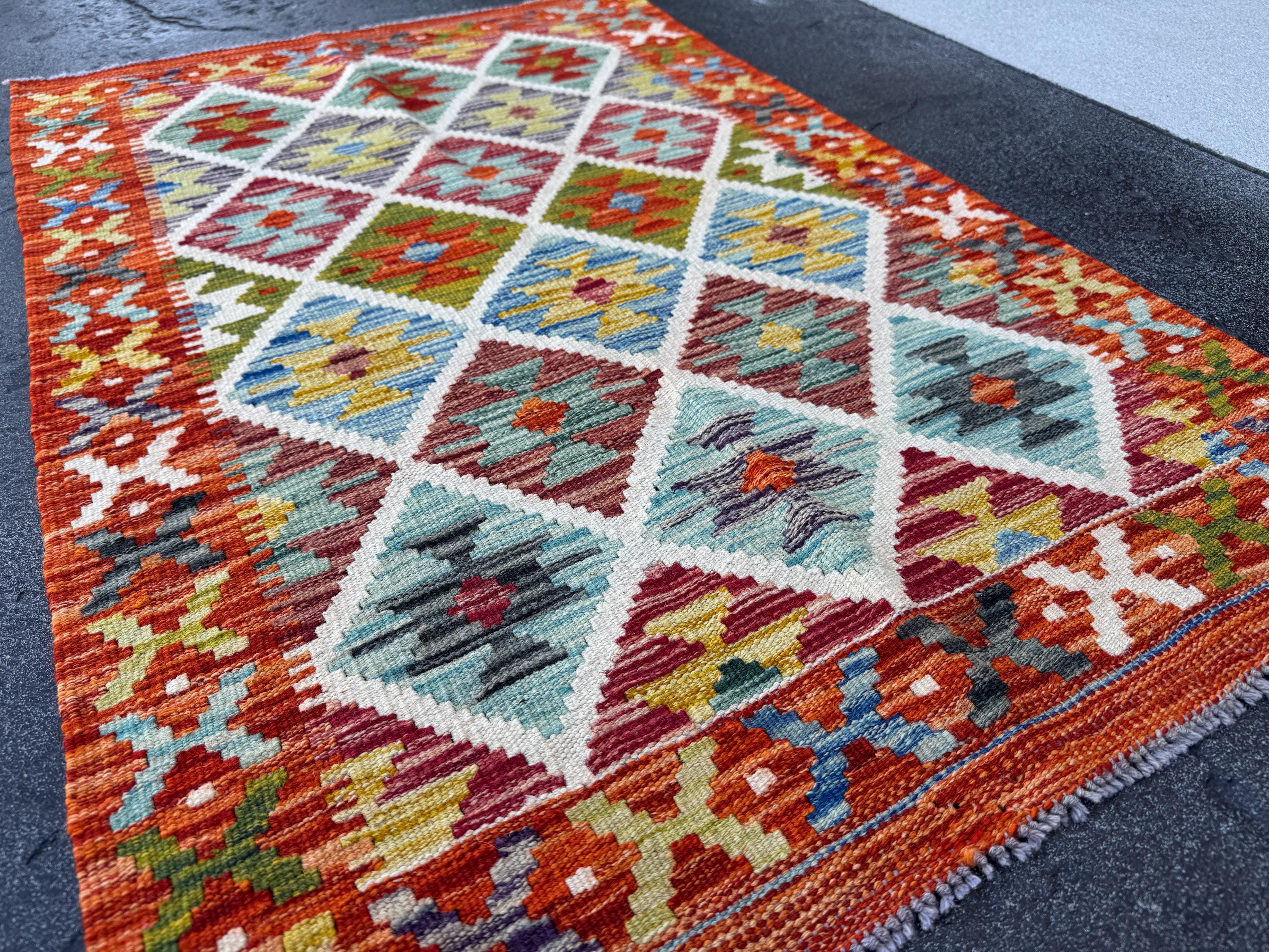 3x4 Handmade Afghan Kilim Rug | Rust Red Cream White Olive Green Teal Aqua Blue Mustard Yellow Burgundy Navy Grey Charcoal | Wool Flatwoven