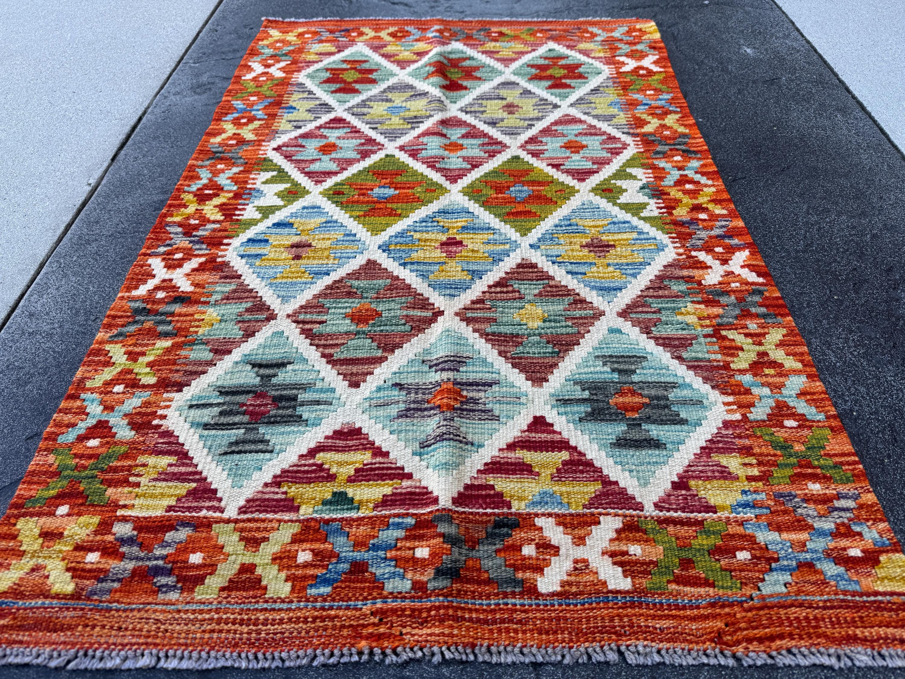 3x4 Handmade Afghan Kilim Rug | Rust Red Cream White Olive Green Teal Aqua Blue Mustard Yellow Burgundy Navy Grey Charcoal | Wool Flatwoven