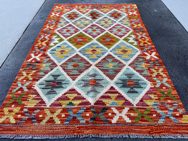 3x4 Handmade Afghan Kilim Rug | Rust Red Cream White Olive Green Teal Aqua Blue Mustard Yellow Burgundy Navy Grey Charcoal | Wool Flatwoven