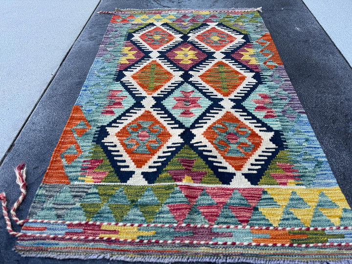 3x4 Handmade Afghan Kilim Rug | Teal Aqua Blue Rust Orange Mustard Yellow Burgundy Pink Olive Green Navy Cream White Charcoal | Flatwoven
