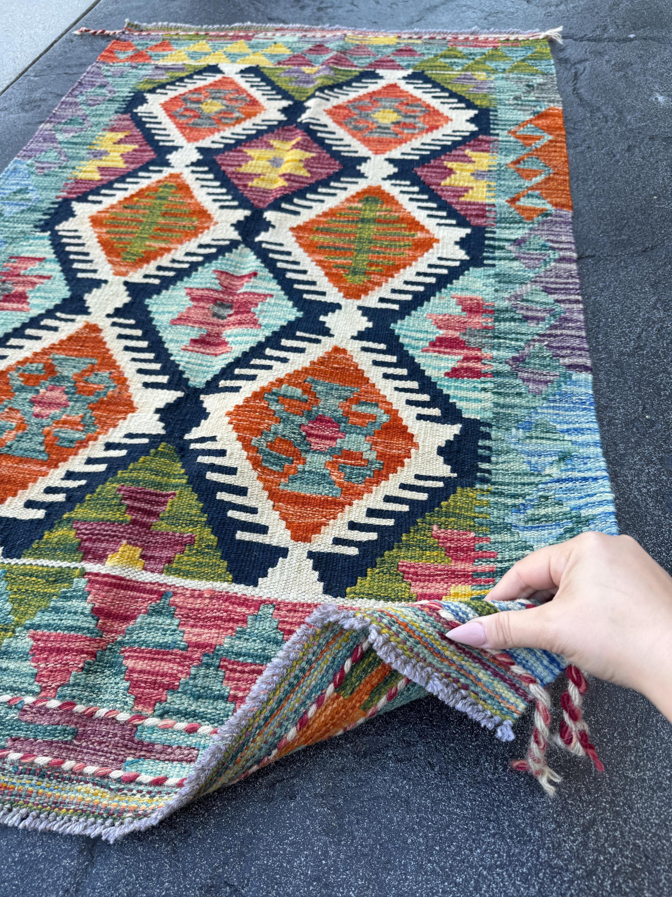 3x4 Handmade Afghan Kilim Rug | Teal Aqua Blue Rust Orange Mustard Yellow Burgundy Pink Olive Green Navy Cream White Charcoal | Flatwoven