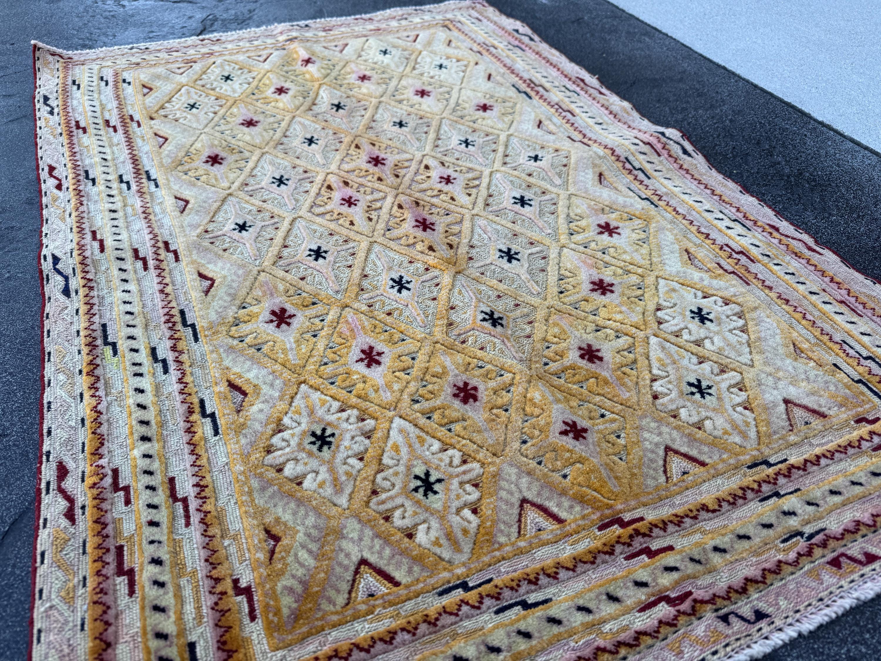 3x4 Handmade Afghan Kilim Rug | Mustard Yellow Cream White Burgundy Red Black Charcoal Blush Pink Pale Lavender | Wool Flatwoven