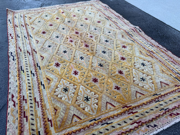 3x4 Handmade Afghan Kilim Rug | Mustard Yellow Cream White Burgundy Red Black Charcoal Blush Pink Pale Lavender | Wool Flatwoven