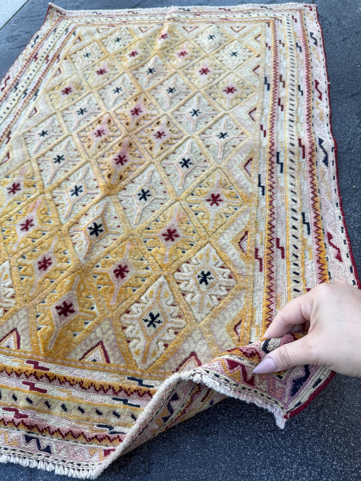 3x4 Handmade Afghan Kilim Rug | Mustard Yellow Cream White Burgundy Red Black Charcoal Blush Pink Pale Lavender | Wool Flatwoven