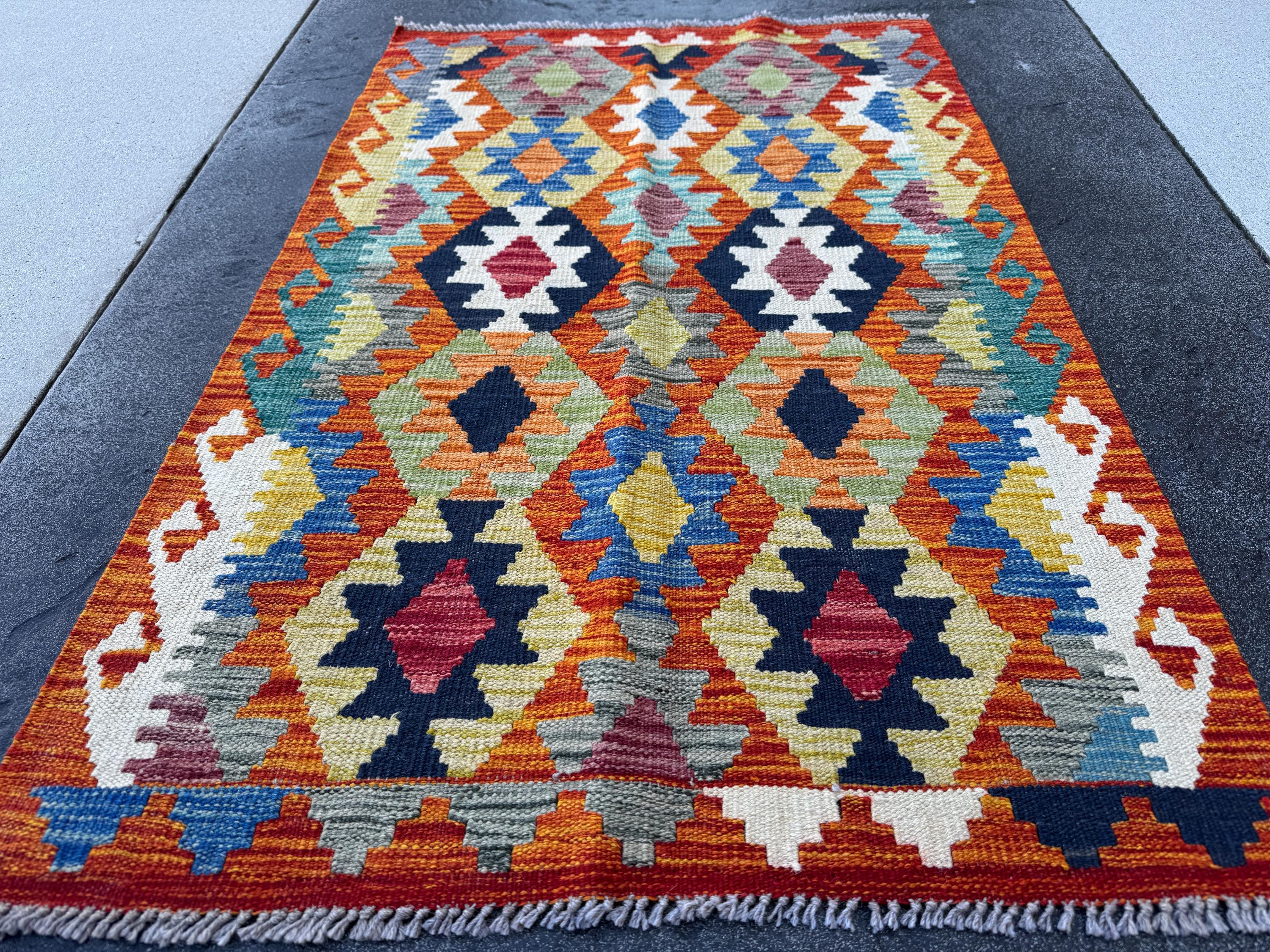3x4 Handmade Afghan Kilim Rug | Rust Red Navy Cream White Mustard Yellow Olive Green Teal Aqua Blue Grey Charcoal Burgundy | Wool Flatwoven