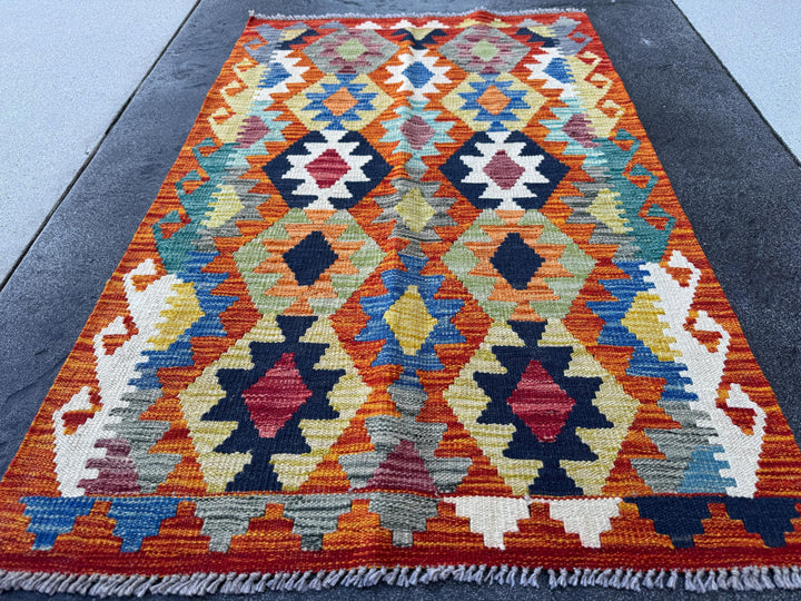 3x4 Handmade Afghan Kilim Rug | Rust Red Navy Cream White Mustard Yellow Olive Green Teal Aqua Blue Grey Charcoal Burgundy | Wool Flatwoven