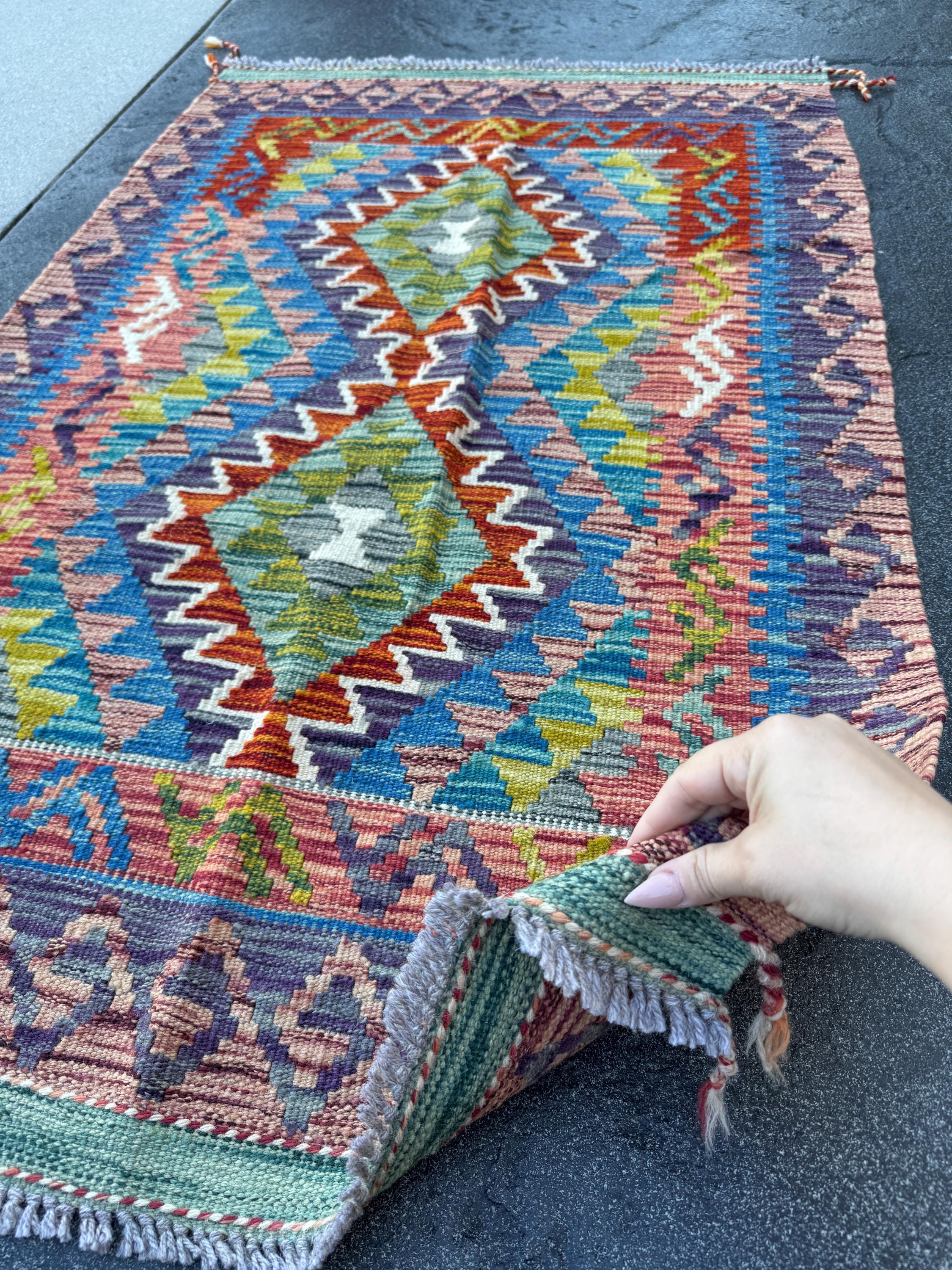 3x4 Handmade Afghan Kilim Rug | Olive Green Rust Red Burnt Orange Mustard Yellow Teal Aqua Blue Navy Purple Cream White Grey | Flatwoven