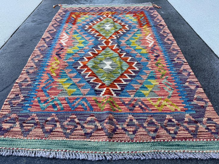 3x4 Handmade Afghan Kilim Rug | Olive Green Rust Red Burnt Orange Mustard Yellow Teal Aqua Blue Navy Purple Cream White Grey | Flatwoven