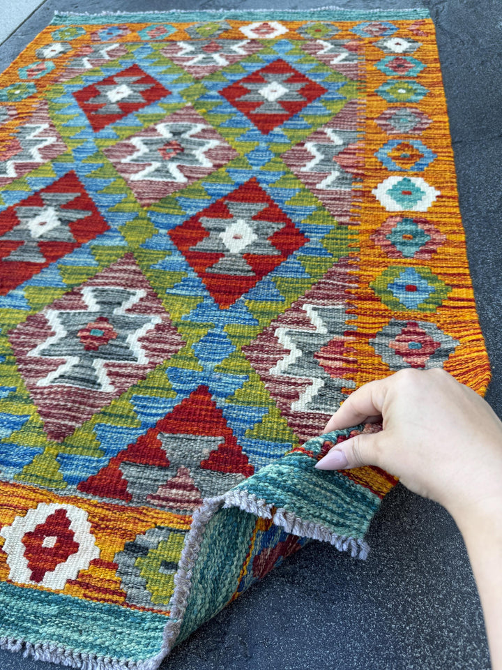 3x4 Handmade Afghan Kilim Rug | Burnt Orange Rust Red Cream White Mustard Yellow Olive Green Teal Aqua Blue Navy Grey | Wool Flatwoven