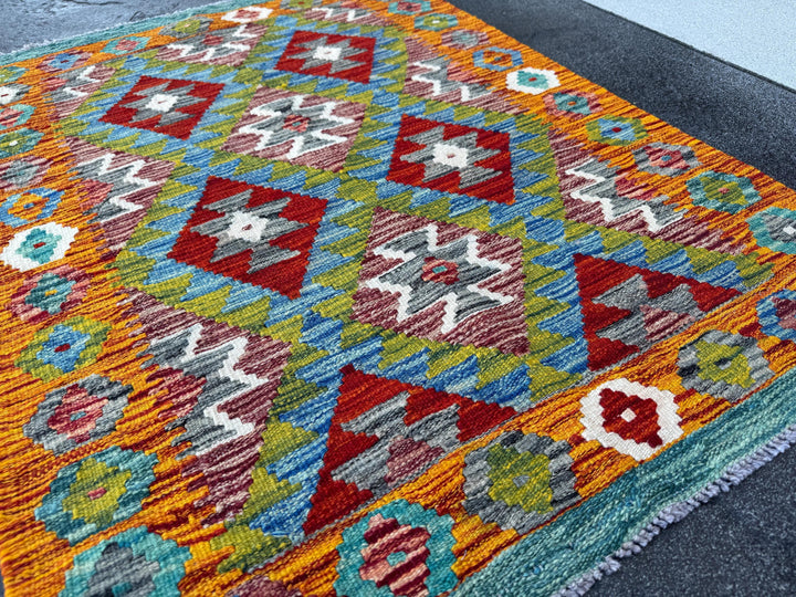 3x4 Handmade Afghan Kilim Rug | Burnt Orange Rust Red Cream White Mustard Yellow Olive Green Teal Aqua Blue Navy Grey | Wool Flatwoven