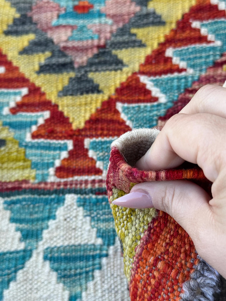 3x4 Handmade Afghan Kilim Rug | Rust Red Mustard Yellow Teal Aqua Blue Olive Green Cream White Burnt Orange Navy Purple Grey | Flatwoven