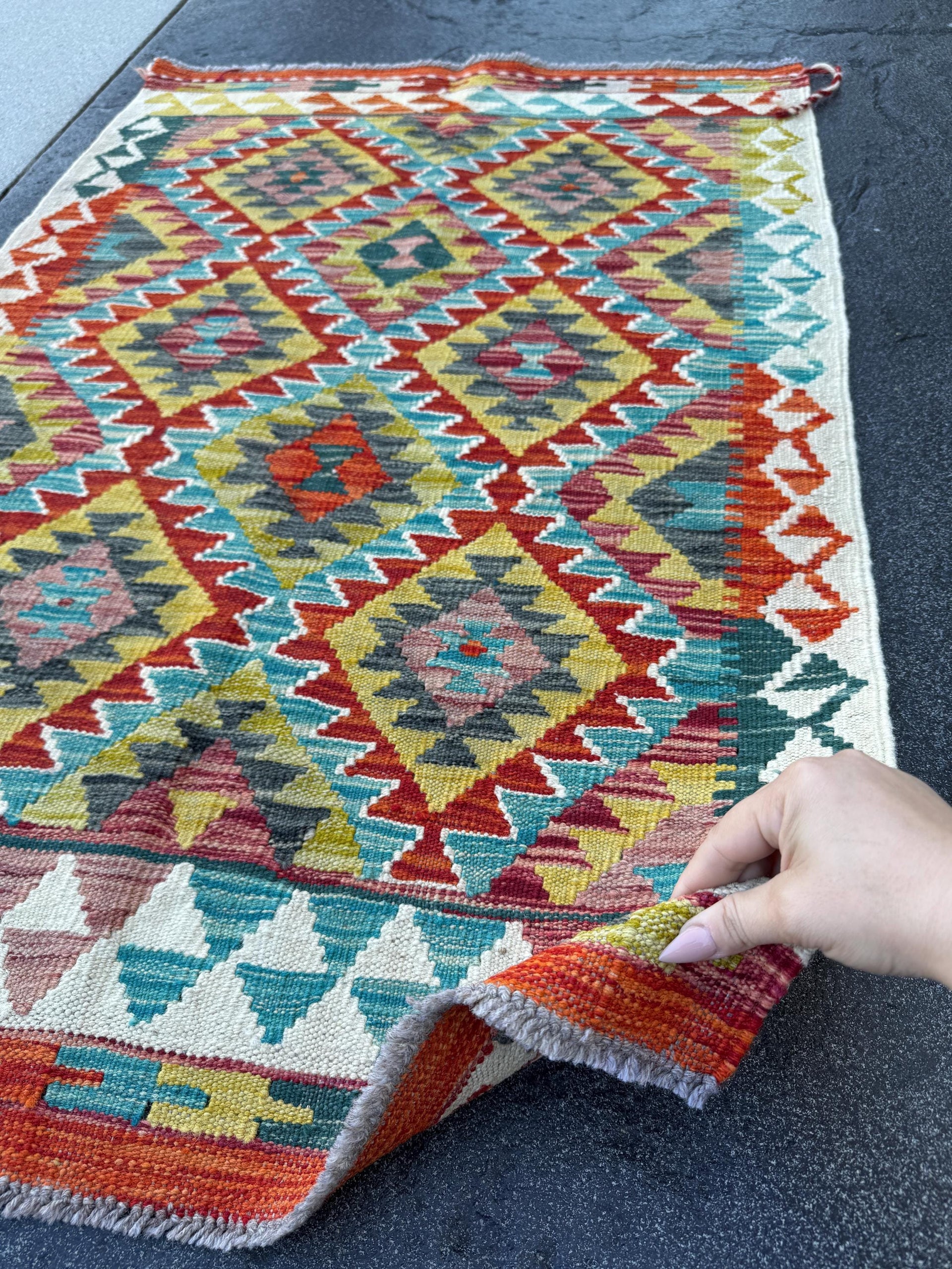 3x4 Handmade Afghan Kilim Rug | Rust Red Mustard Yellow Teal Aqua Blue Olive Green Cream White Burnt Orange Navy Purple Grey | Flatwoven