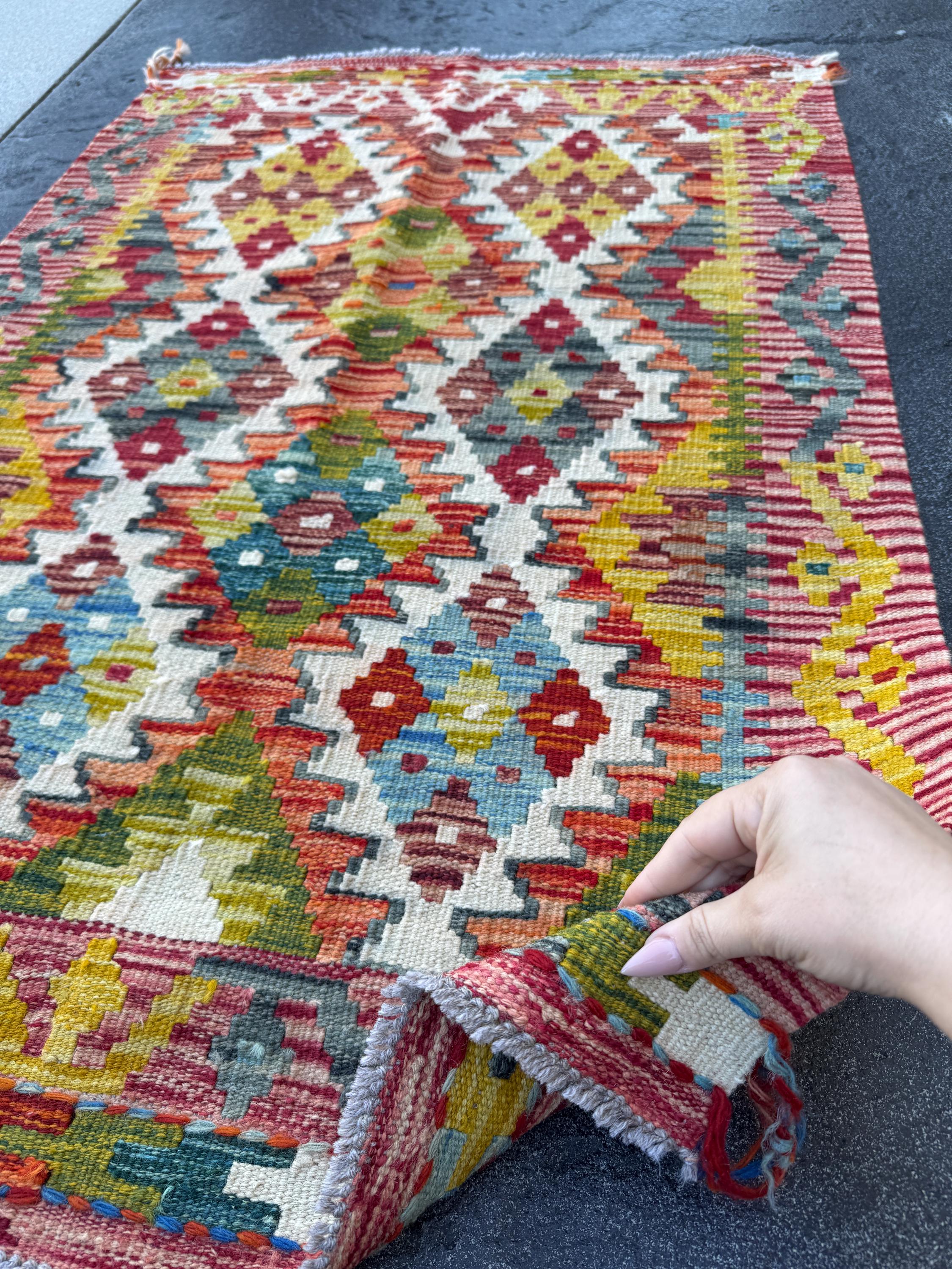 3x4 Handmade Afghan Kilim Rug | Rust Red Mustard Yellow Burnt Orange Olive Green Teal Aqua Blue Cream White Navy Grey Purple | Flatwoven