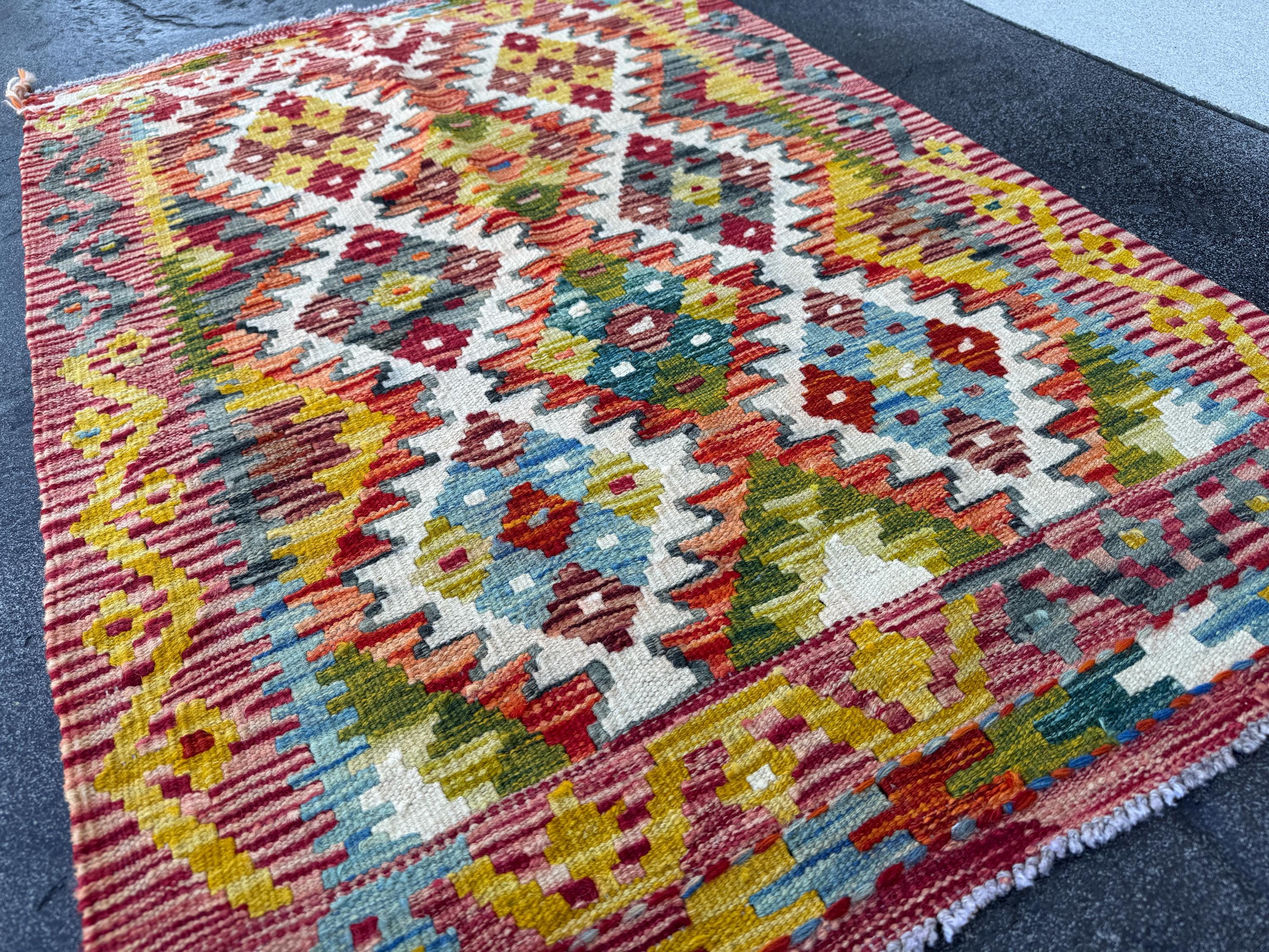 3x4 Handmade Afghan Kilim Rug | Rust Red Mustard Yellow Burnt Orange Olive Green Teal Aqua Blue Cream White Navy Grey Purple | Flatwoven