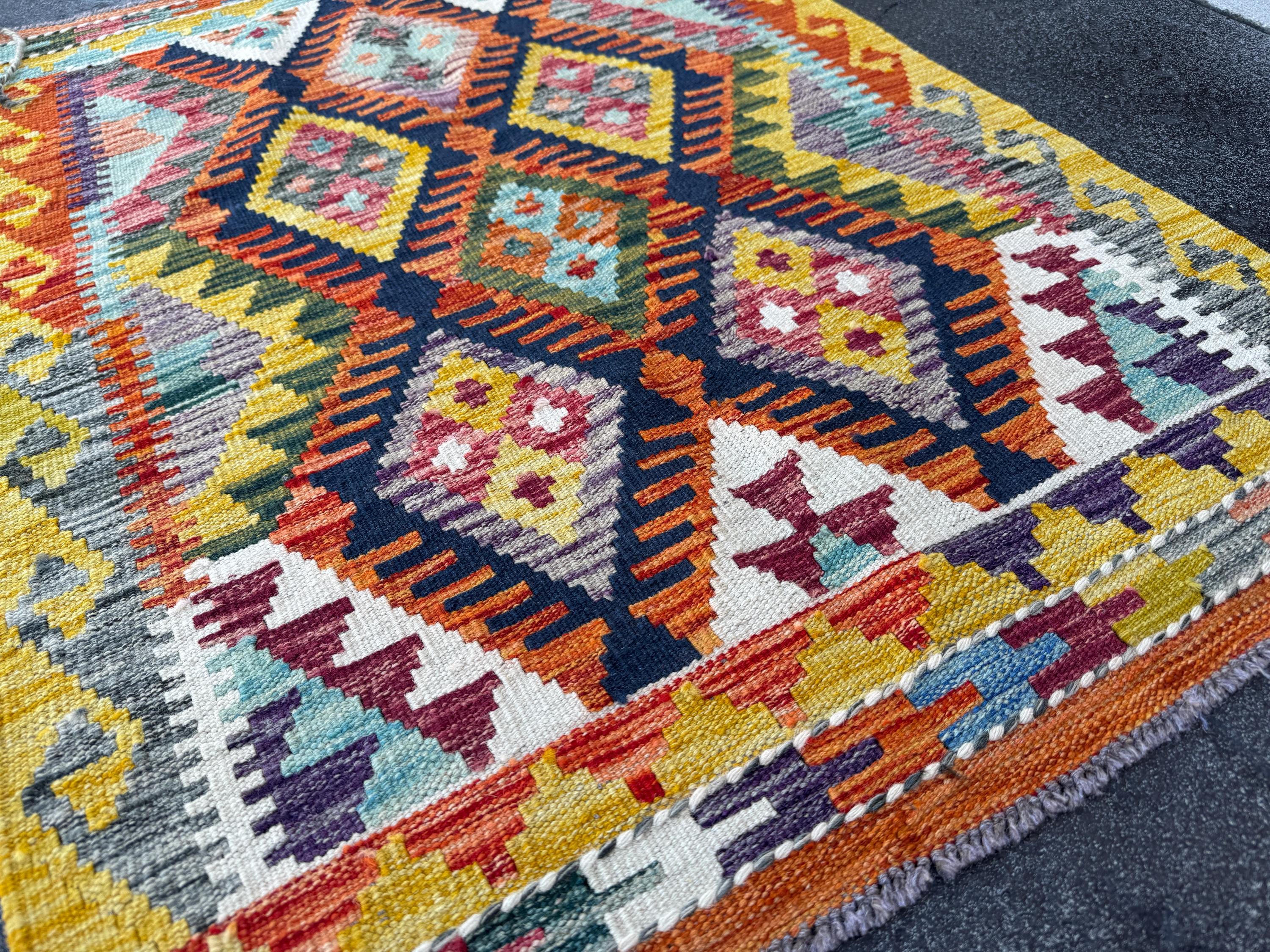 3x4 Handmade Afghan Kilim Rug | Navy Blue Burnt Orange Mustard Yellow Cream White Burgundy Olive Green Teal Aqua Purple Grey | Flatwoven
