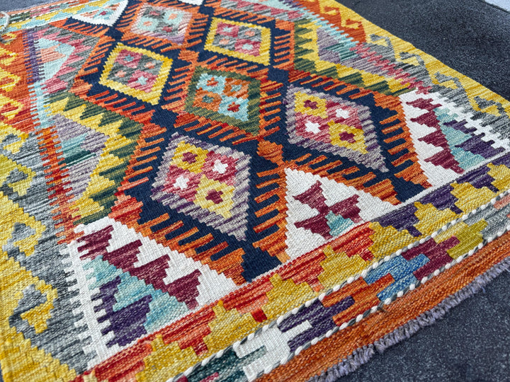 3x4 Handmade Afghan Kilim Rug | Navy Blue Burnt Orange Mustard Yellow Cream White Burgundy Olive Green Teal Aqua Purple Grey | Flatwoven