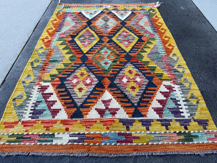 3x4 Handmade Afghan Kilim Rug | Navy Blue Burnt Orange Mustard Yellow Cream White Burgundy Olive Green Teal Aqua Purple Grey | Flatwoven
