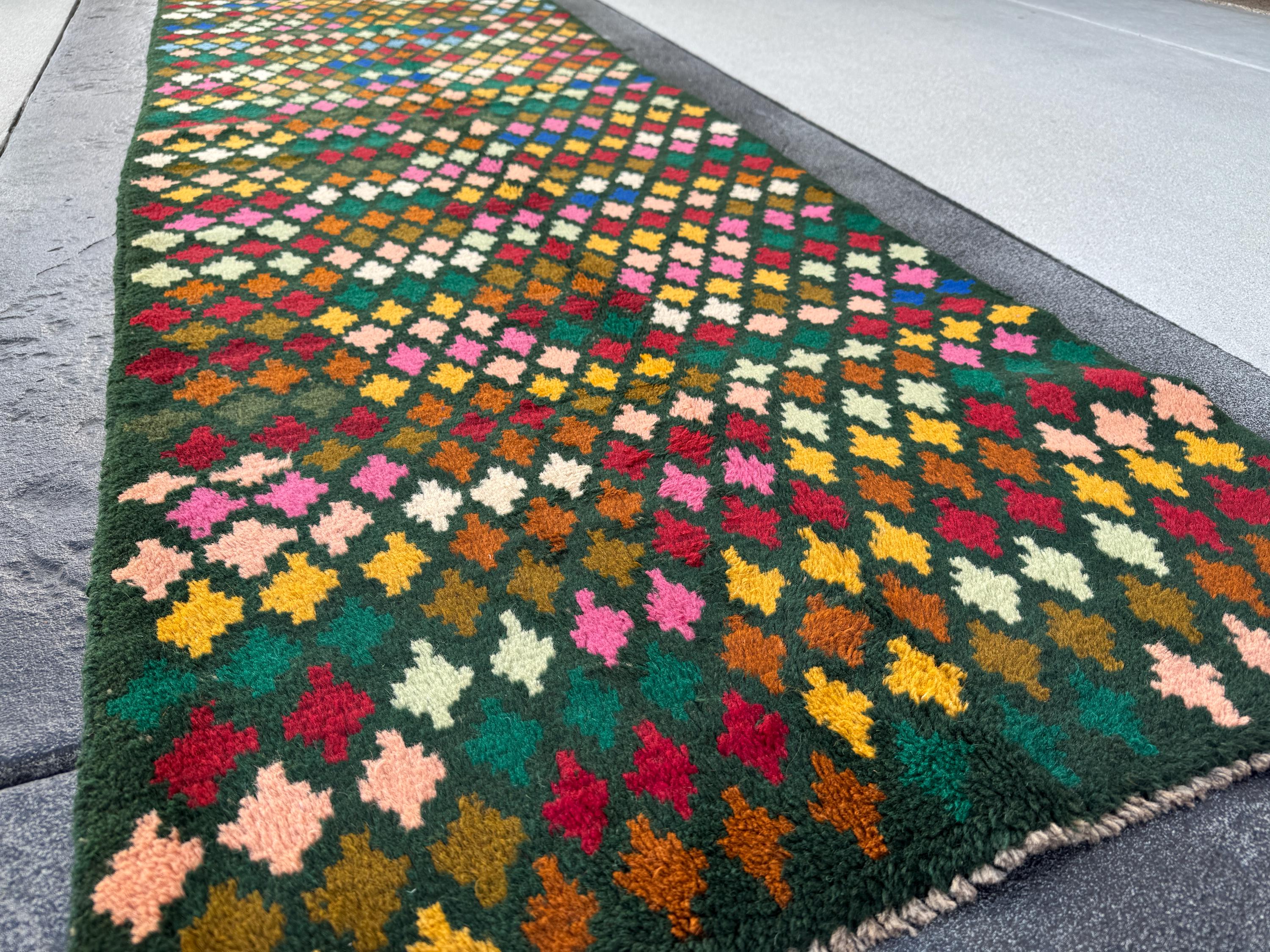 3x10 (90x305) Handmade Vintage Afghan Baluch Runner Rug | Forest Moss Pine Mint Green Rose Salmon Pink Burnt Orange Mustard Cream White