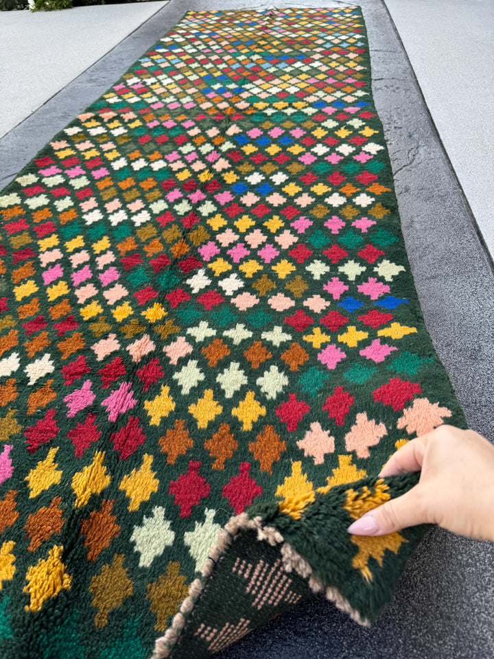3x10 (90x305) Handmade Vintage Afghan Baluch Runner Rug | Forest Moss Pine Mint Green Rose Salmon Pink Burnt Orange Mustard Cream White