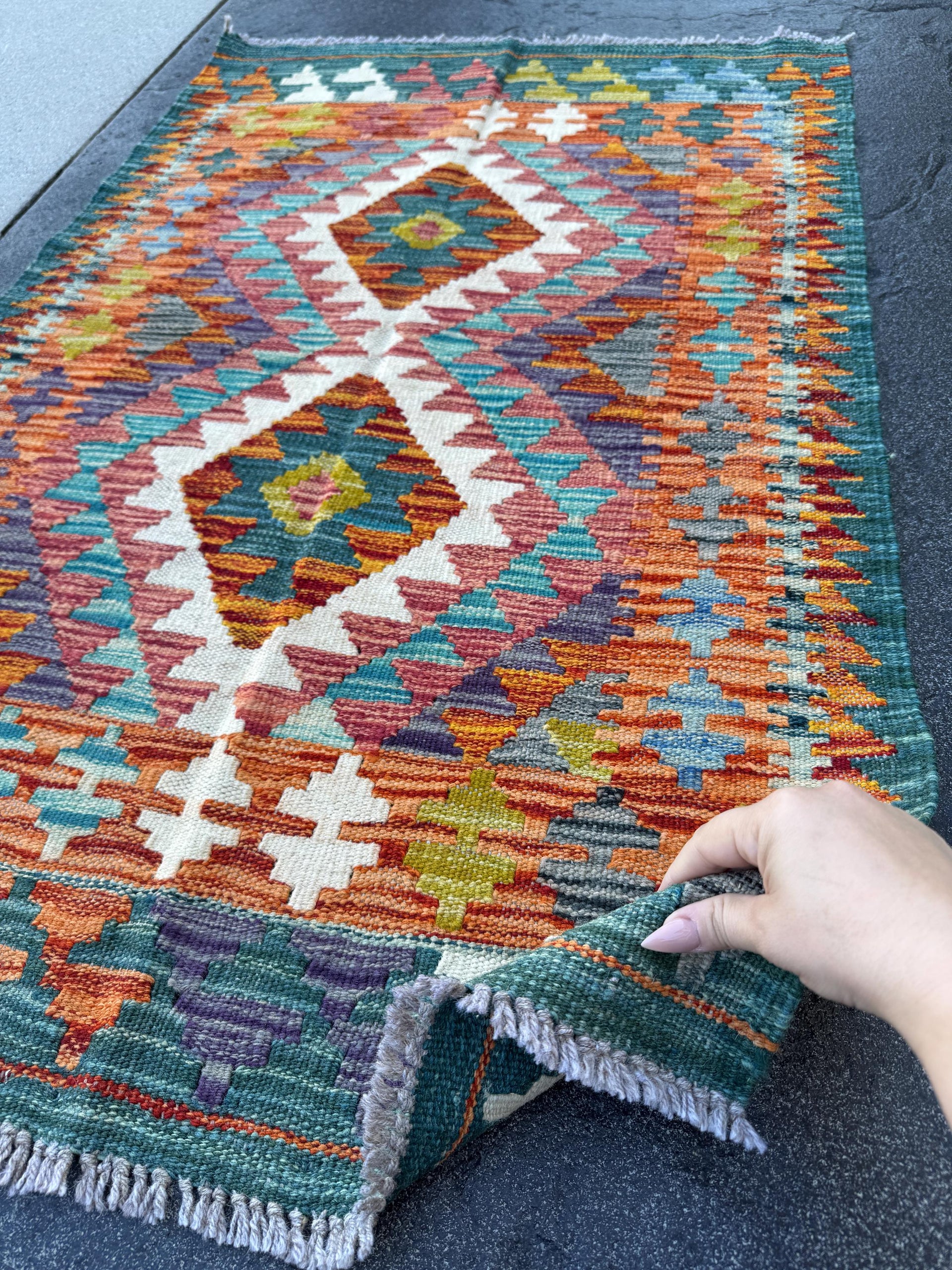 3x4 Handmade Afghan Kilim Rug | Burnt Orange Rust Red Cream White Mustard Yellow Olive Green Teal Aqua Blue Navy Purple Grey | Flatwoven