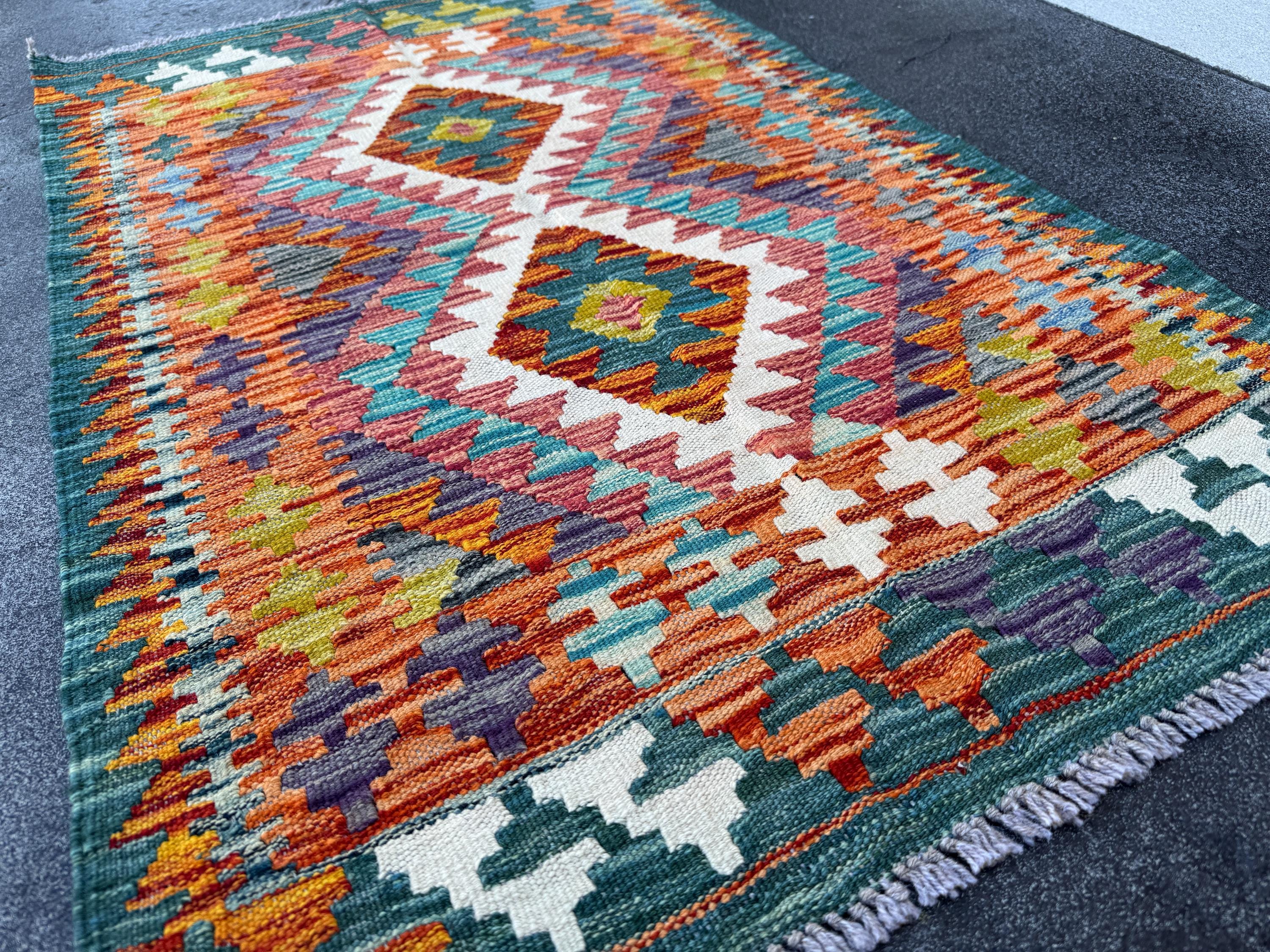 3x4 Handmade Afghan Kilim Rug | Burnt Orange Rust Red Cream White Mustard Yellow Olive Green Teal Aqua Blue Navy Purple Grey | Flatwoven